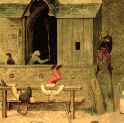 Giochi di Bambini (Kinderspiele): dettaglio di un ragazzo sui trampoli e bambini che giocano nelle scorte, 1560 (dettaglio) da Pieter Bruegel the Elder
